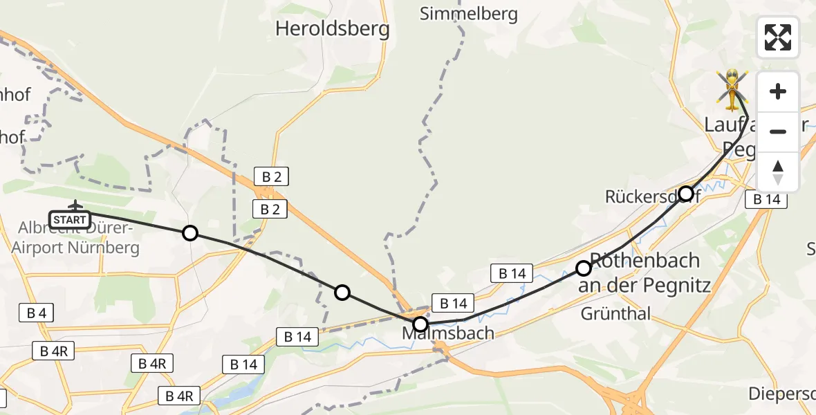 Flugroute Ambulanzhubschrauber Flughafen Nuremberg - Lauf a.d.Pegnitz, 22 Juli 2026, 09:00