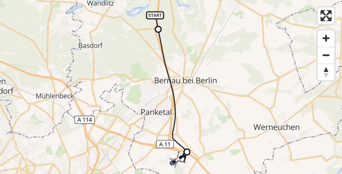 Flugroute Polizeihubschrauber Wandlitz - Ahrensfelde Hubschrauberlandeplatz, 22 Juli 2026, 09:00