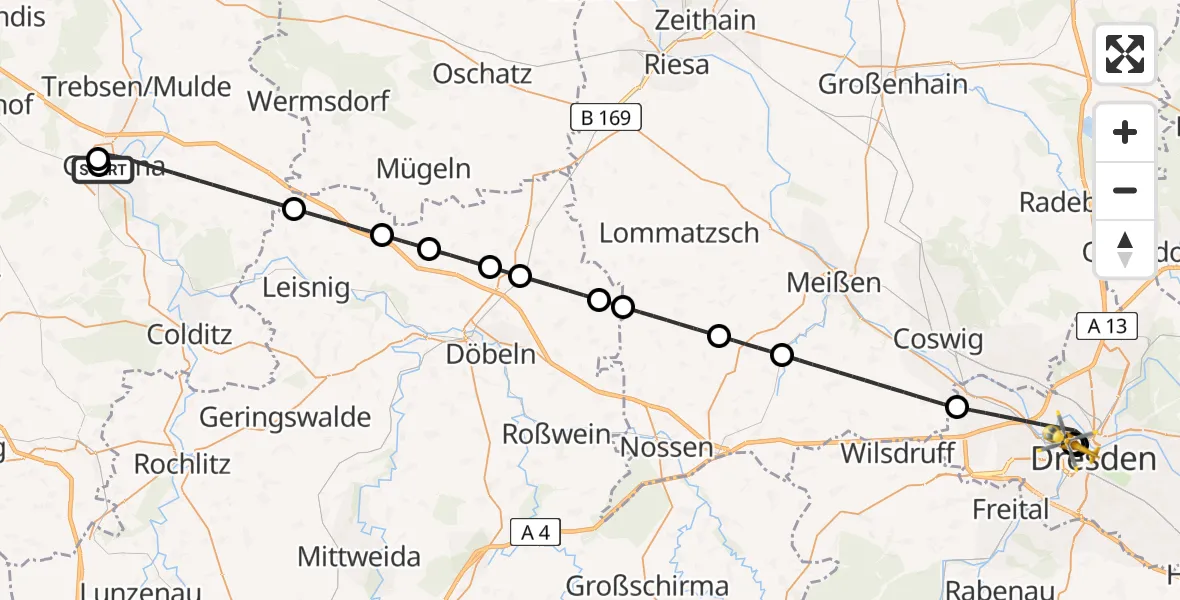 Flugroute Rettungshubschrauber Grimma Hospital - Dresden Friedrichstadt Hospital, 22 Juli 2026, 09:02