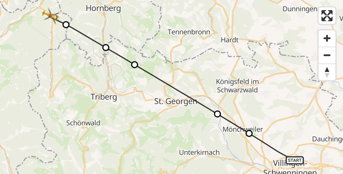 Flugroute Ambulanzhubschrauber Villingen-Schwenningen - Elzach, 22 Juli 2026, 09:02