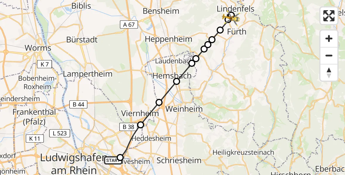 Flugroute Rettungshubschrauber Mannheim-City Flughafen - Fürth, 22 Juli 2026, 09:05