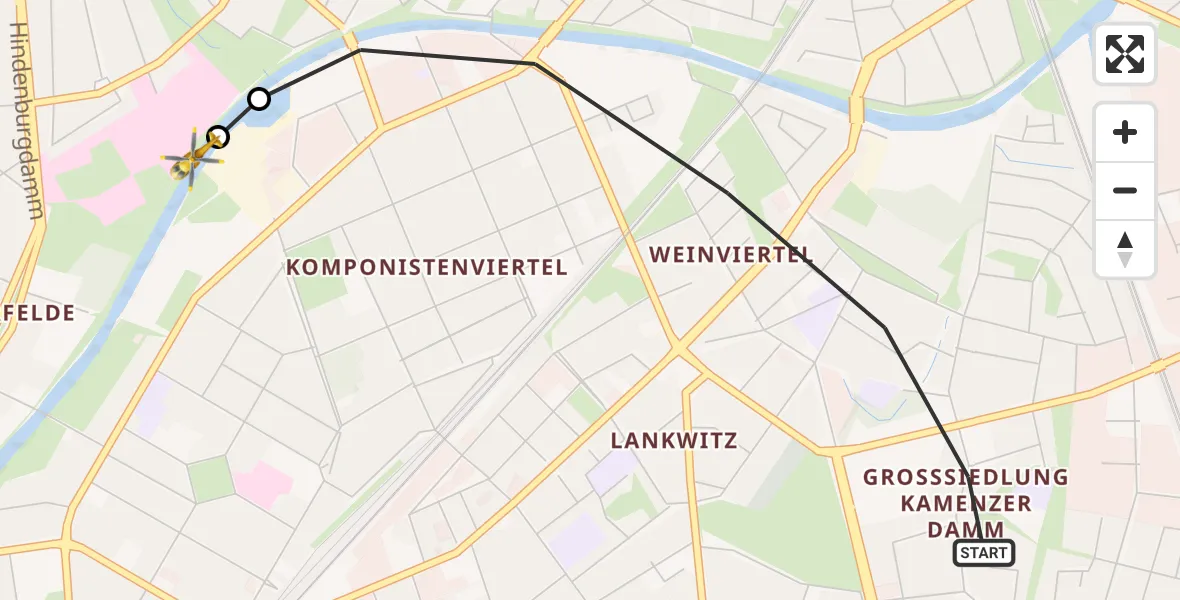Flugroute Rettungshubschrauber Berlin - Charité Clinic Benjamin Franklin Campus, 22 Juli 2026, 09:07