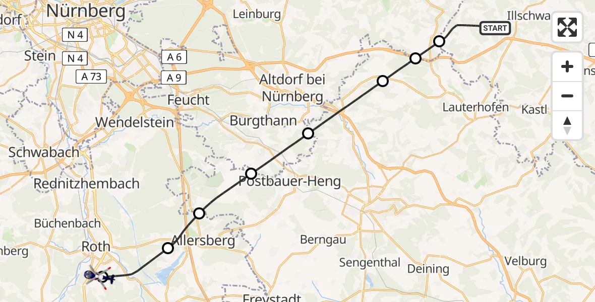 Flugroute Polizeihubschrauber Birgland - Flugplatz Roth, 22 Juli 2026, 09:09