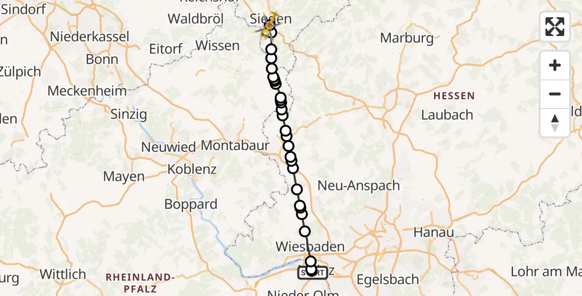 Flugroute Rettungshubschrauber Mainz University Hospital - Evangelisches Jung-Stilling Hospital, 22 Juli 2026, 09:09