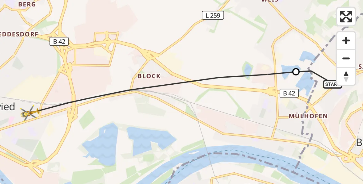 Flugroute Rettungshubschrauber Bendorf - Neuwied, 22 Juli 2026, 09:09