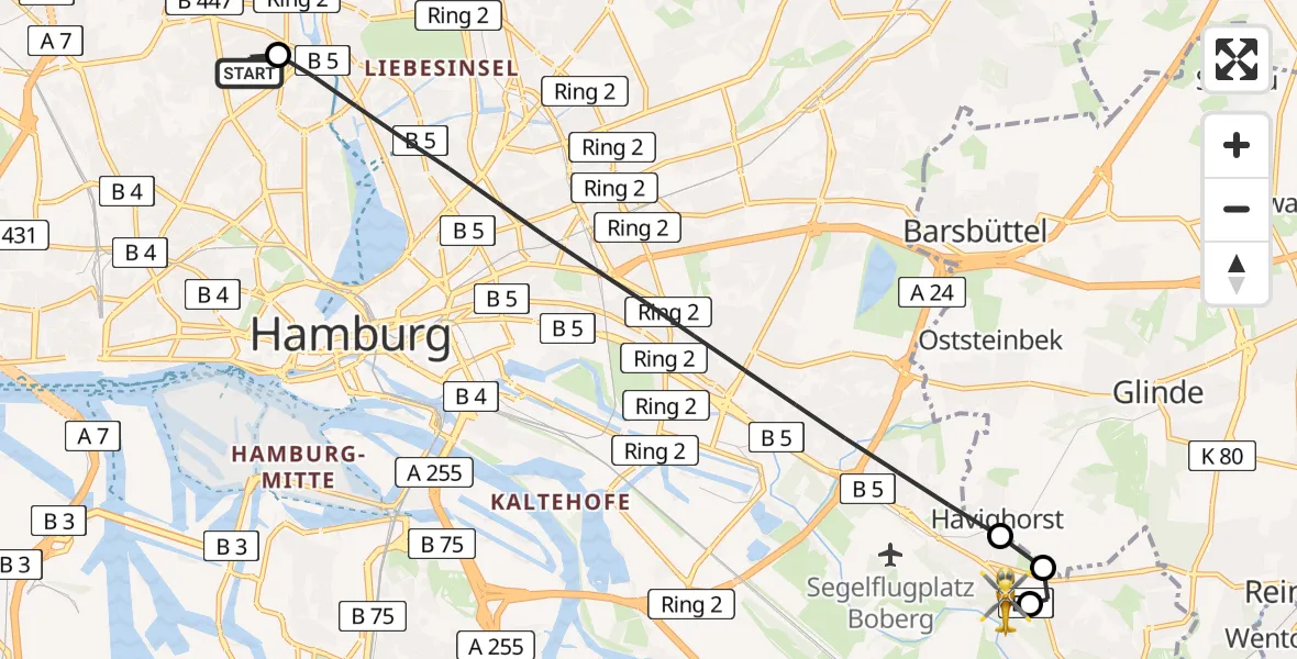 Flugroute Ambulanzhubschrauber Universitätsklinikum Hamburg-Eppendorf Hubschrauberlandeplatz - Christoph Hansa ADAC Hubschrauberlandeplatz, 22 Juli 2026, 09:10