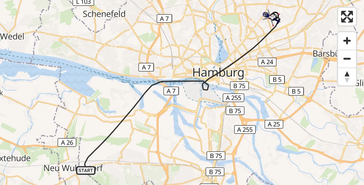 Flugroute Polizeihubschrauber Hamburg - Hamburg Military Hospital, 22 Juli 2026, 09:12