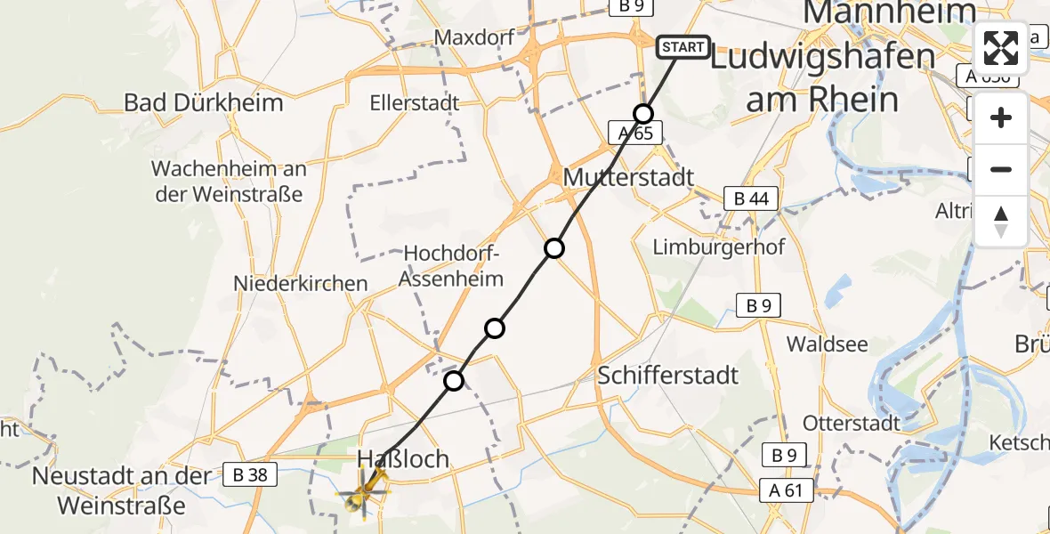 Flugroute Rettungshubschrauber Ludwigshafen am Rhein - Haßloch, 22 Juli 2026, 09:12