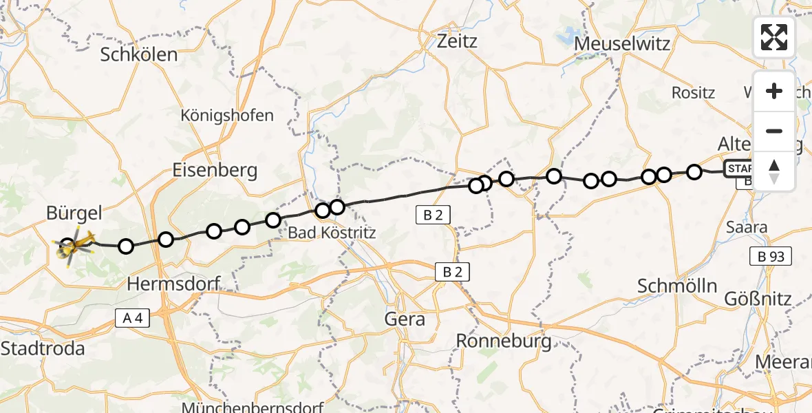 Flugroute Rettungshubschrauber Altenburg - Bürgel, 22 Juli 2026, 09:12