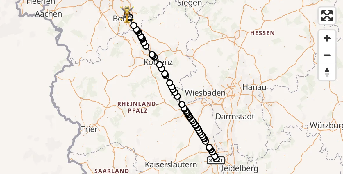 Flugroute Rettungshubschrauber Ludwigshafen Accident Hospital - Bonn-Hangelar Flugplatz, 22 Juli 2026, 09:13