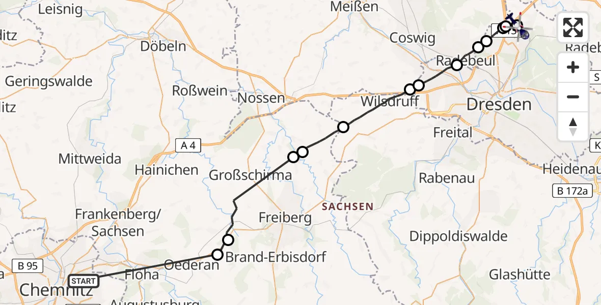 Flugroute Polizeihubschrauber Chemnitz - Dresden, 22 Juli 2026, 09:13