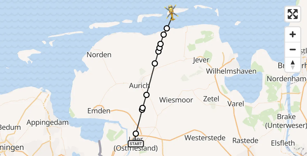 Flugroute Ambulanzhubschrauber Leer (Ostfriesland) - Noordzee, 22 Juli 2026, 09:13