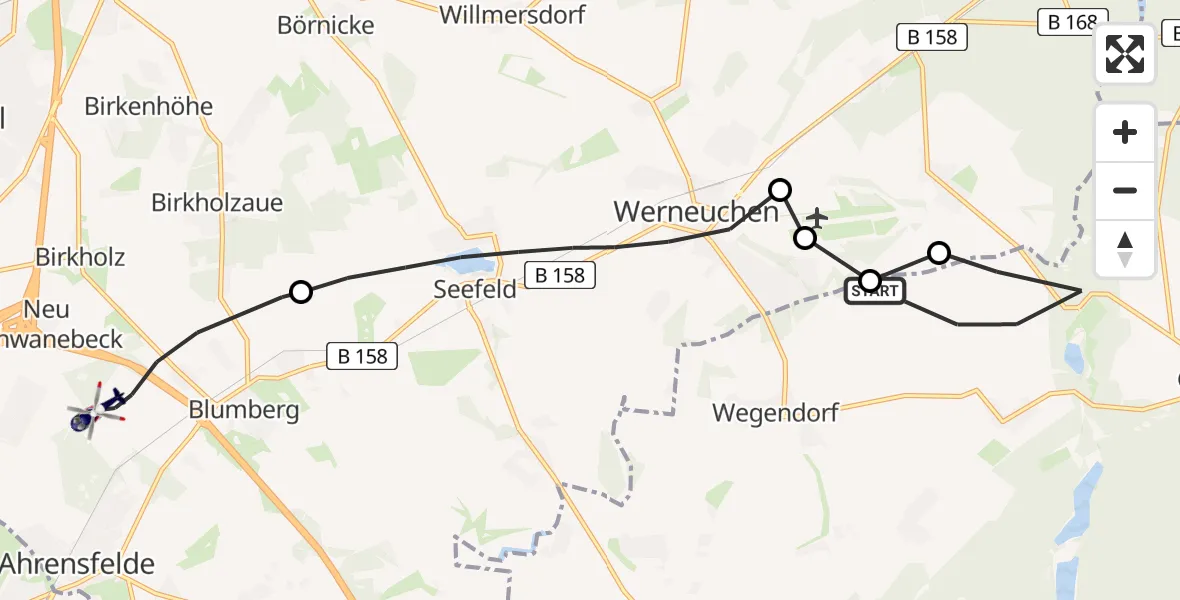 Flugroute Polizeihubschrauber Altlandsberg - Ahrensfelde Hubschrauberlandeplatz, 22 Juli 2026, 09:18