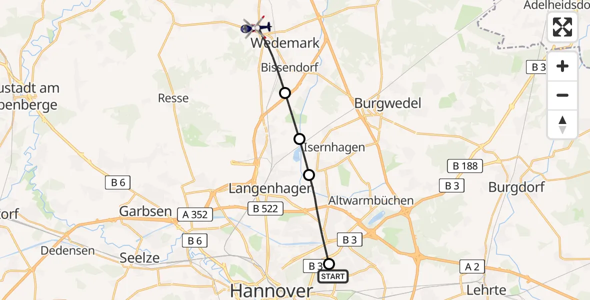 Flugroute Polizeihubschrauber Hannover Luftrettung Hubschrauberlandeplatz (Christoph 4) - Wedemark, 22 Juli 2026, 09:18