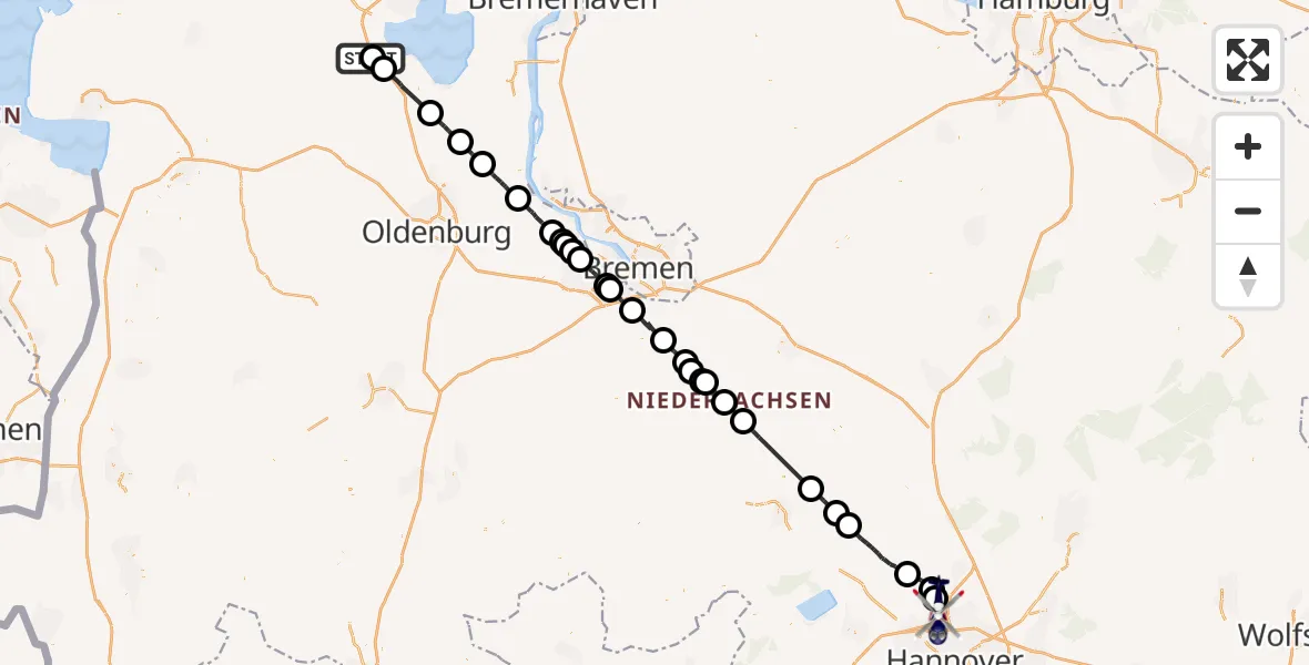 Flugroute Polizeihubschrauber Zetel - Flughafen Hannover, 22 Juli 2026, 09:22