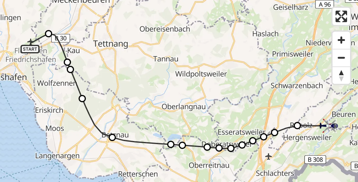 Flugroute Polizeihubschrauber Friedrichshafen Flughafen - Hergensweiler, 22 Juli 2026, 09:25