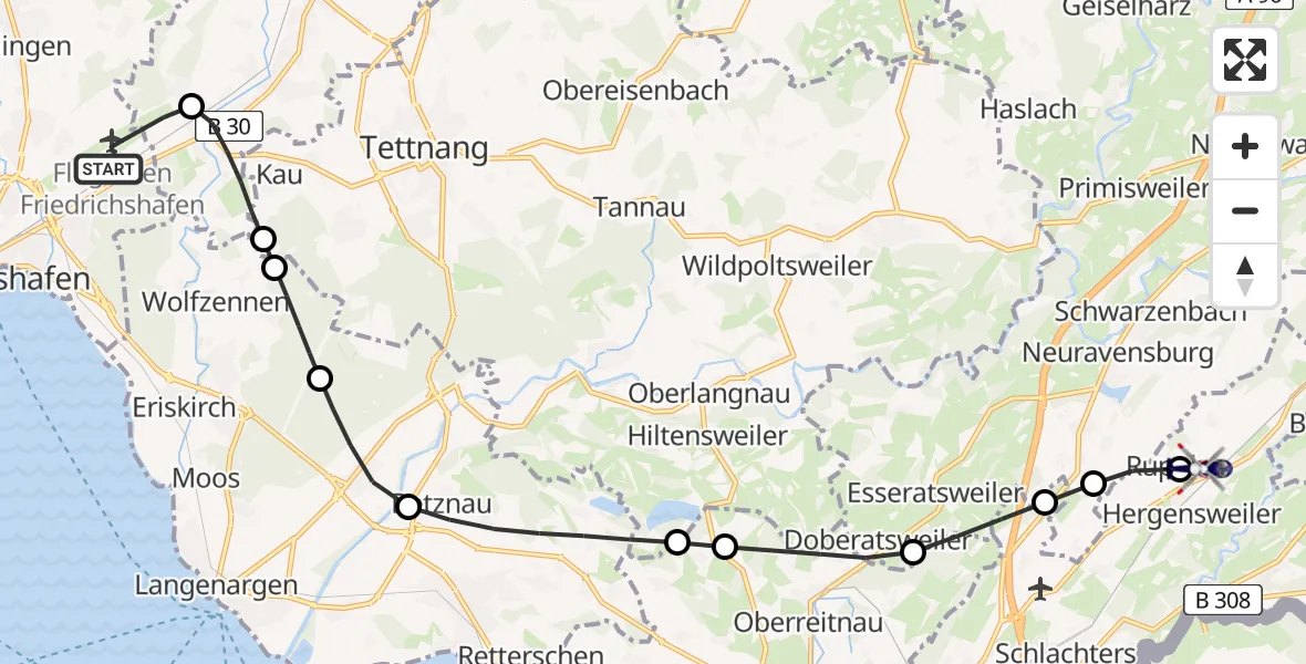 Flugroute Polizeihubschrauber Friedrichshafen Flughafen - Hergensweiler, 22 Juli 2026, 09:25