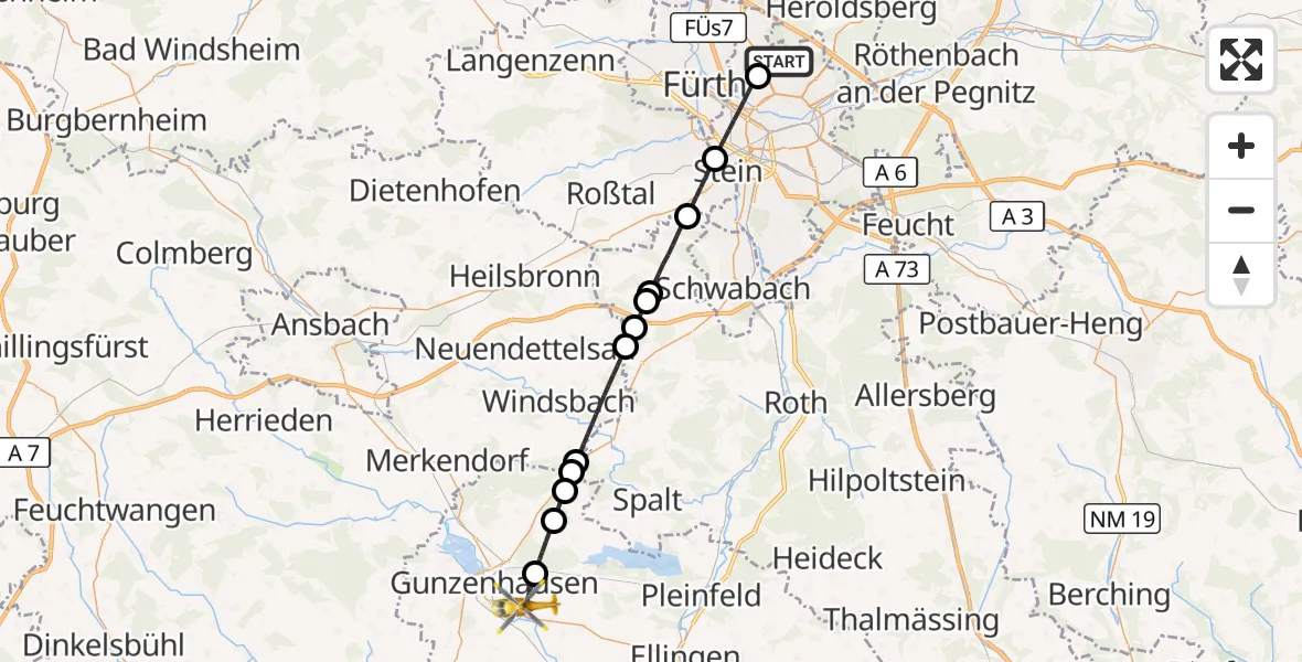 Flugroute Ambulanzhubschrauber Flughafen Nuremberg - Gunzenhausen, 22 Juli 2026, 09:27