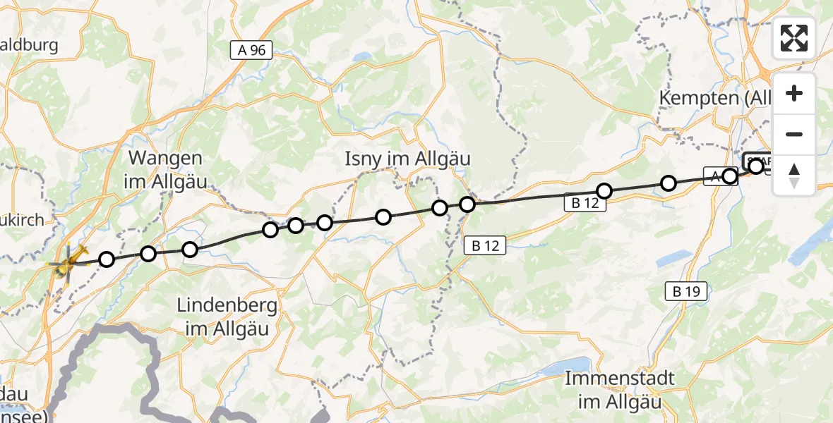Flugroute Rettungshubschrauber Kempten-Durach Flugplatz - Wangen im Allgäu, 22 Juli 2026, 09:31