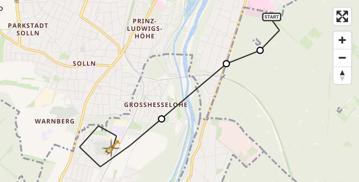 Flugroute Rettungshubschrauber ADAC Air Rescue Center Hubschrauberlandeplatz (Christoph 1) - Pullach i.Isartal, 22 Juli 2026, 09:31