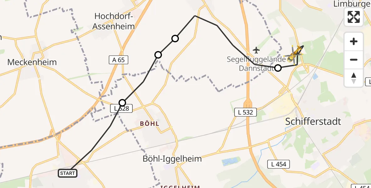 Flugroute Rettungshubschrauber Haßloch - Schifferstadt, 22 Juli 2026, 09:43