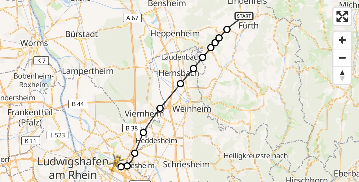 Flugroute Rettungshubschrauber Fürth - Mannheim-City Flughafen, 22 Juli 2026, 09:45