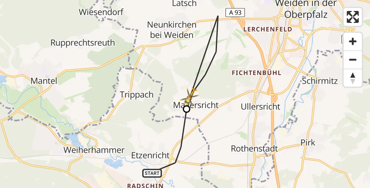 Flugroute Ambulanzhubschrauber Etzenricht - Weiden i.d.OPf., 22 Juli 2026, 09:45