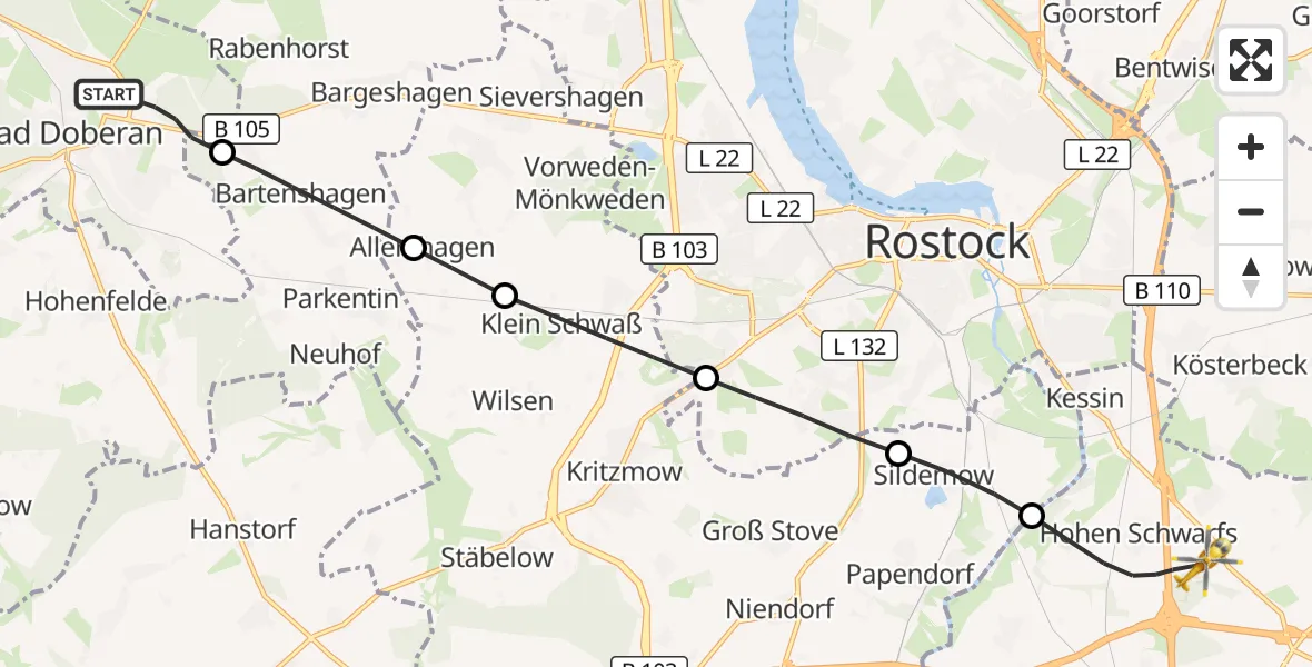 Flugroute Ambulanzhubschrauber Bad Doberan - Dummerstorf, 22 Juli 2026, 09:47