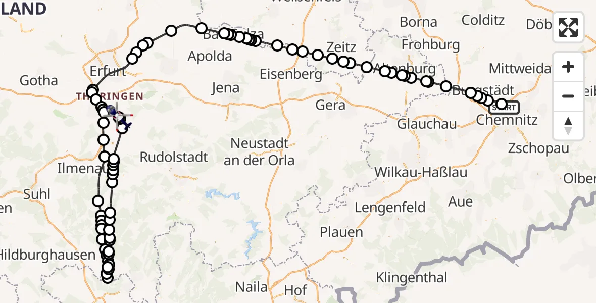 Flugroute Polizeihubschrauber Chemnitz-Glösa Industrial Park Hubschrauberlandeplatz - Osthausen-Wülfershausen, 22 Juli 2026, 09:47