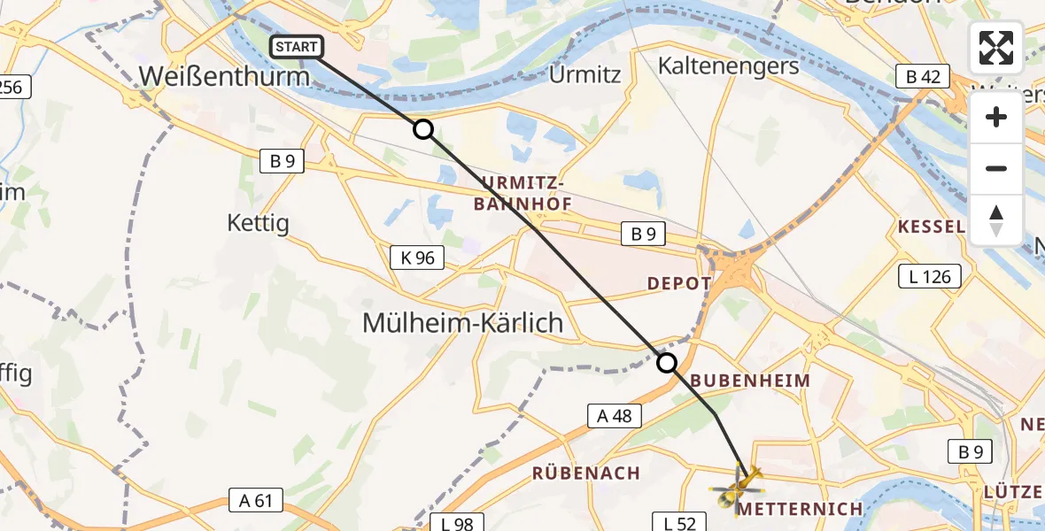 Flugroute Rettungshubschrauber Neuwied - Koblenz, 22 Juli 2026, 09:47