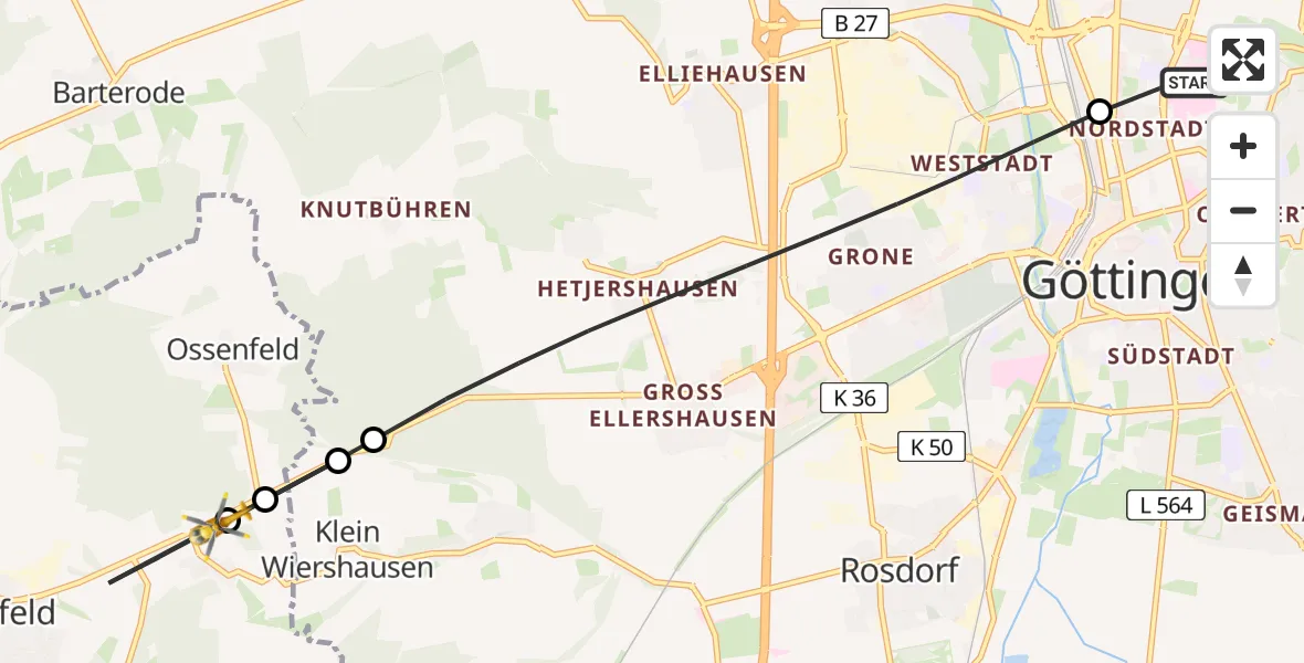 Flugroute Rettungshubschrauber Göttingen University Clinic Hubschrauberlandeplatz - Dransfeld, 22 Juli 2026, 09:52