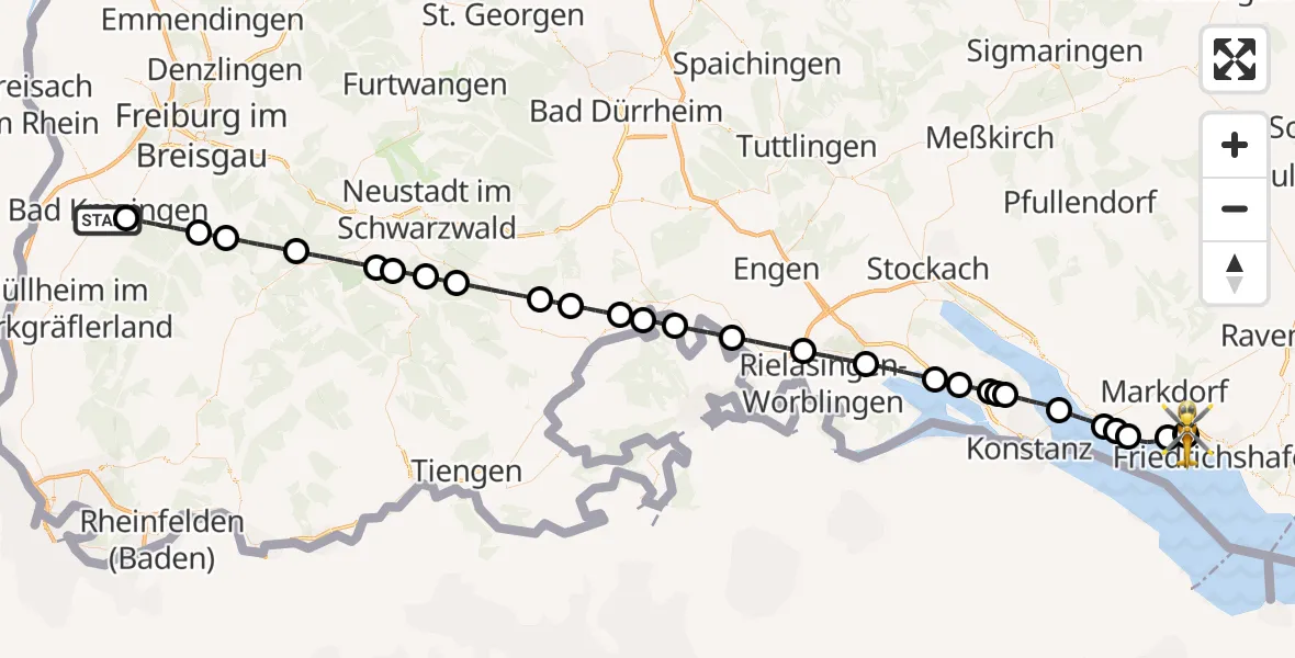 Flugroute Rettungshubschrauber Bad Krozingen - Friedrichshafen Hospital, 22 Juli 2026, 09:53