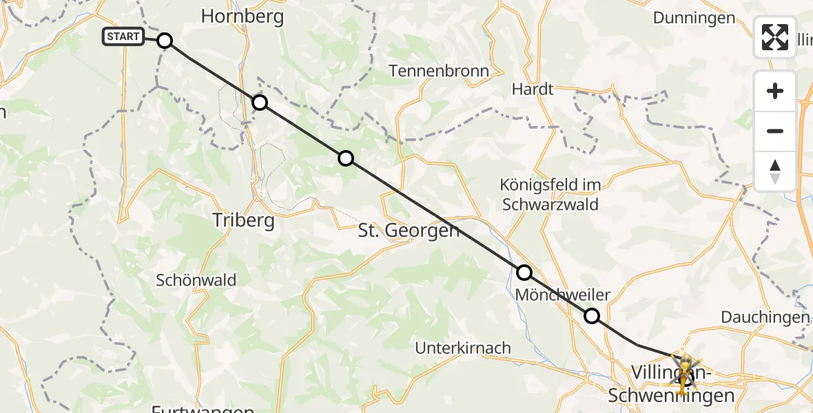 Flugroute Ambulanzhubschrauber Elzach - DRF Air Rescue Station Villingen-Schwenningen Hubschrauberlandeplatz (Christoph 11), 22 Juli 2026, 09:52