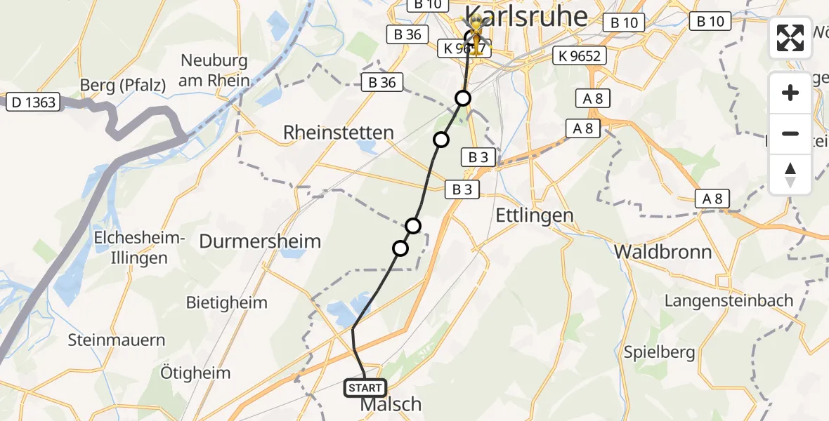 Flugroute Ambulanzhubschrauber Malsch - Sankt Vincentius Hospital, 22 Juli 2026, 09:59