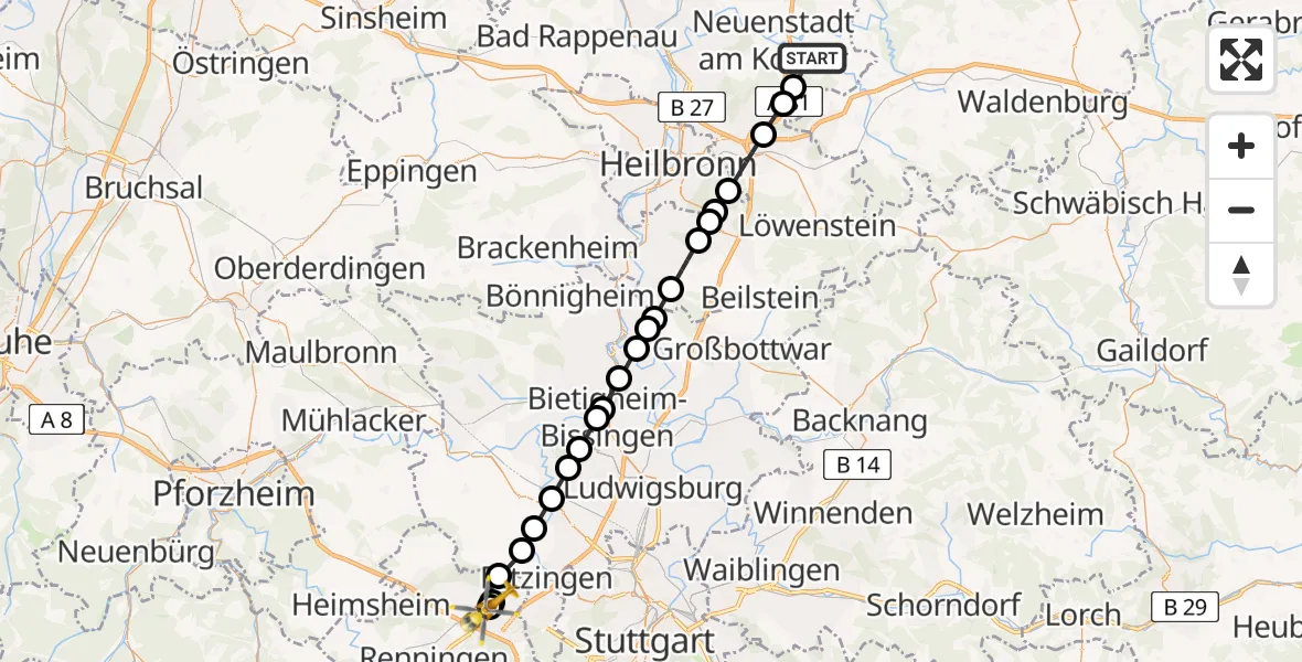 Flugroute Rettungshubschrauber Langenbrettach - Leonberg Hospital, 22 Juli 2026, 10:00