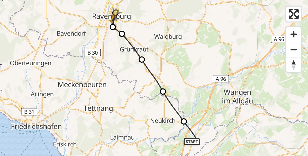 Flugroute Rettungshubschrauber Wangen im Allgäu - Ravensburg, 22 Juli 2026, 10:06