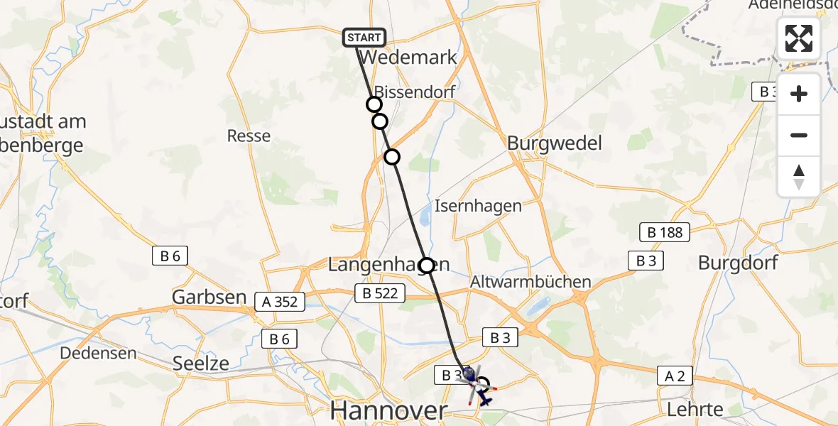 Flugroute Polizeihubschrauber Wedemark - Hannover Luftrettung Hubschrauberlandeplatz (Christoph 4), 22 Juli 2026, 10:09