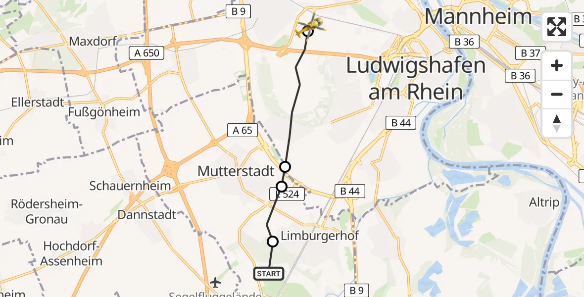 Flugroute Rettungshubschrauber Schifferstadt - Ludwigshafen Accident Hospital, 22 Juli 2026, 10:15