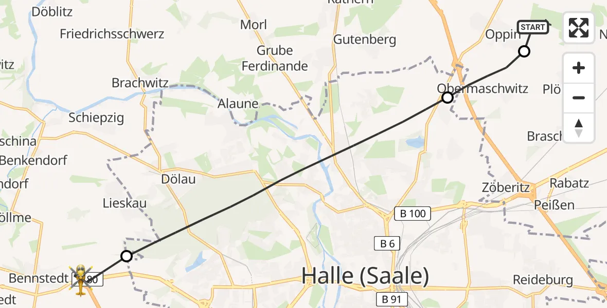Flugroute Rettungshubschrauber Halle-Oppin Flugplatz - Salzatal, 22 Juli 2026, 10:16