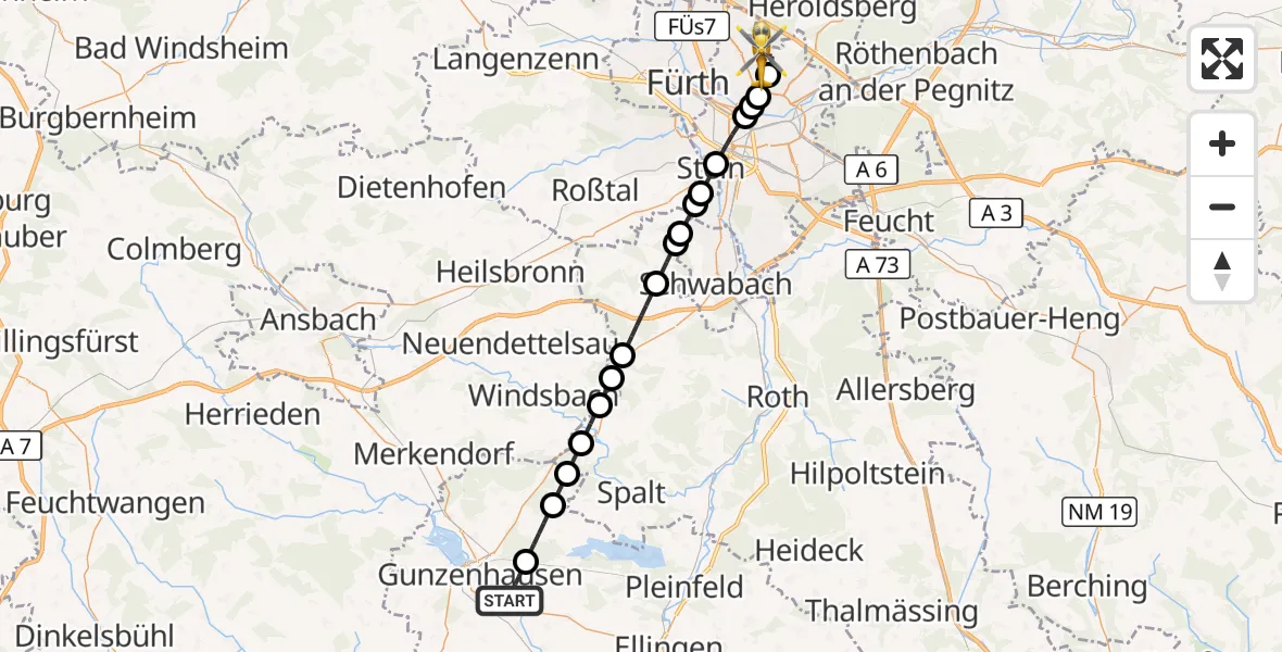 Flugroute Ambulanzhubschrauber Gunzenhausen - Flughafen Nuremberg, 22 Juli 2026, 10:16