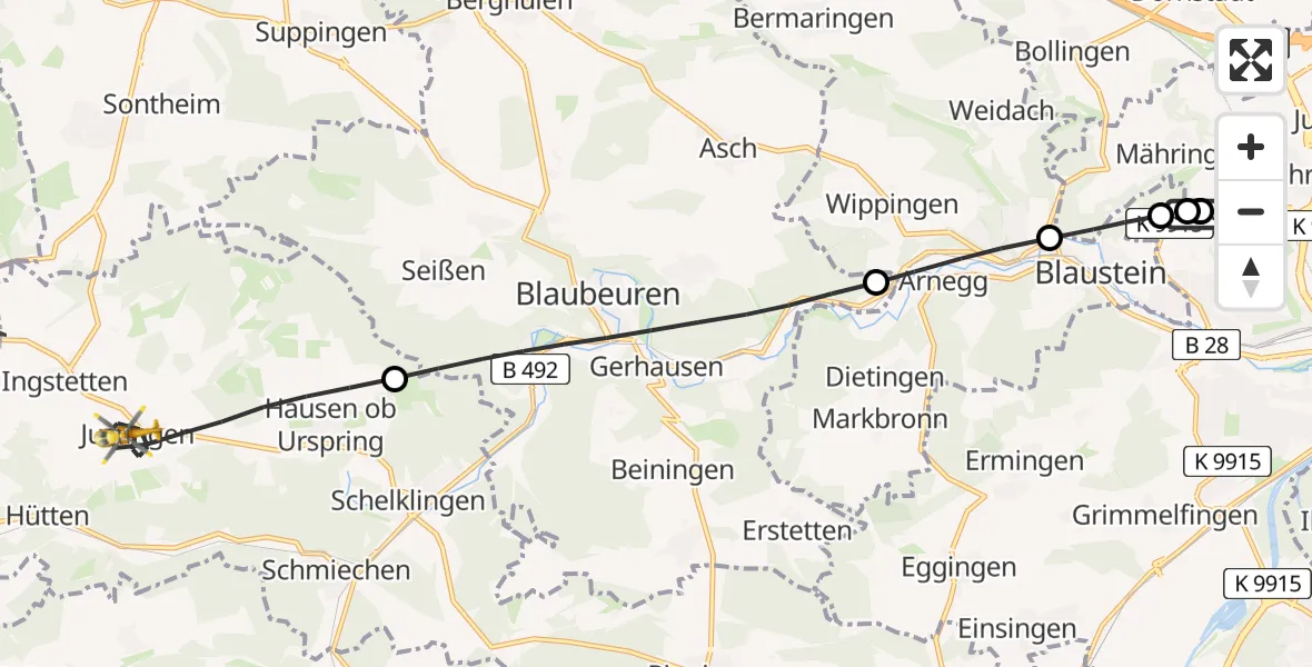 Flugroute Rettungshubschrauber Ulm Military Hospital Emergency - Schelklingen, 22 Juli 2026, 10:18