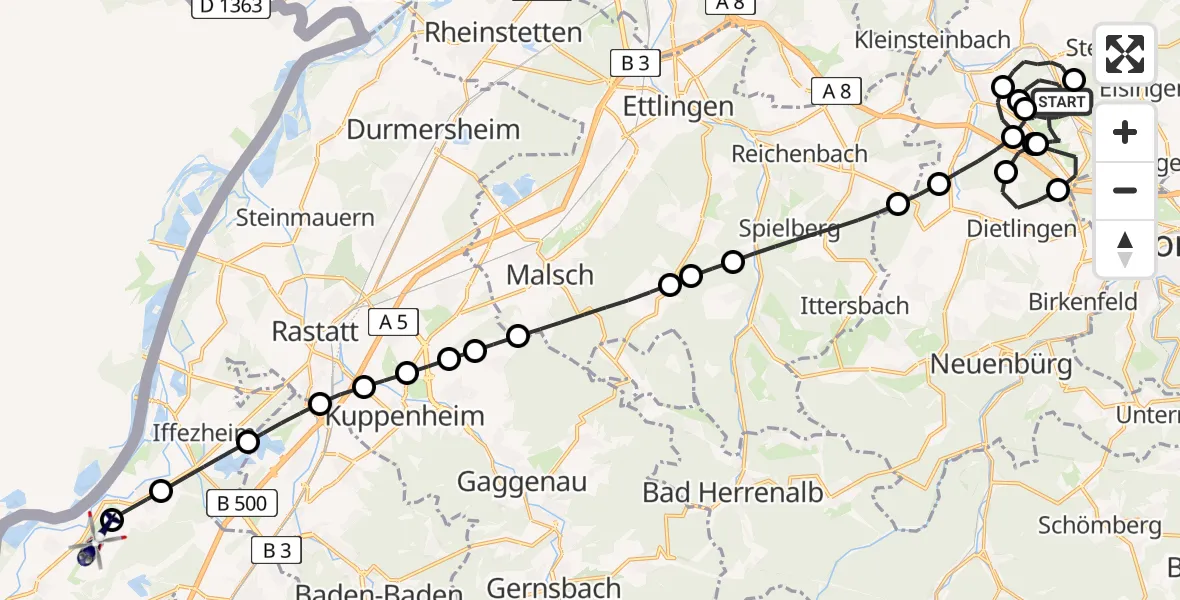 Flugroute Polizeihubschrauber Kämpfelbach - Karlsruhe Baden-Baden Flughafen, 22 Juli 2026, 10:19