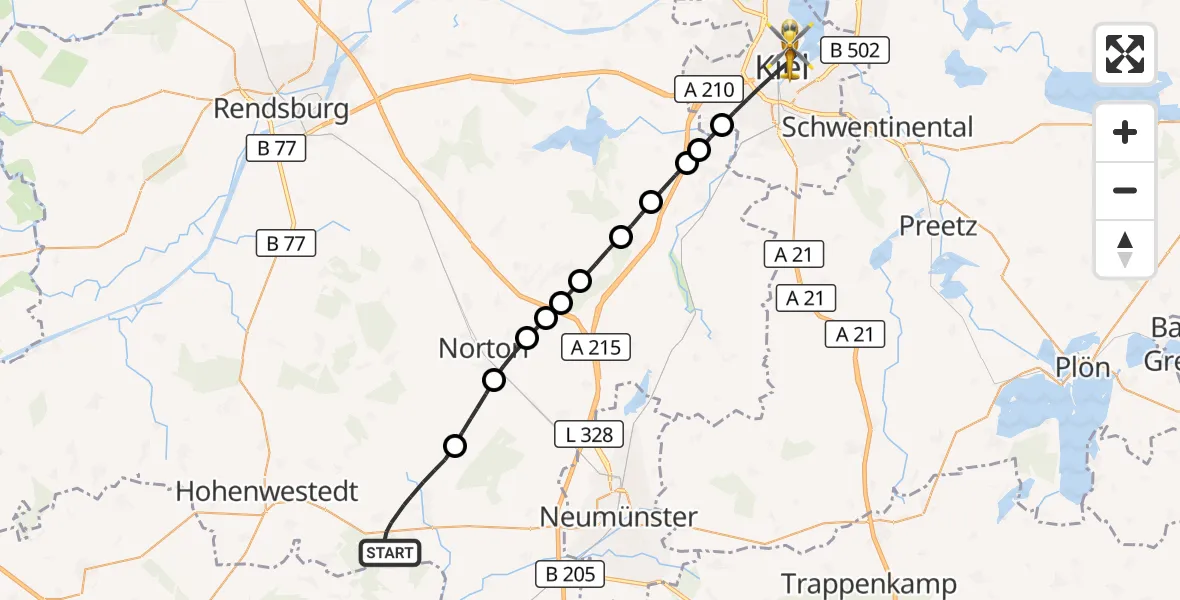 Flugroute Rettungshubschrauber Aukrug - Kiel, 22 Juli 2026, 10:19