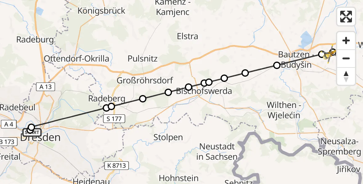 Flugroute Rettungshubschrauber Dresden Friedrichstadt Hospital - Bautzen Flugplatz, 22 Juli 2026, 10:19