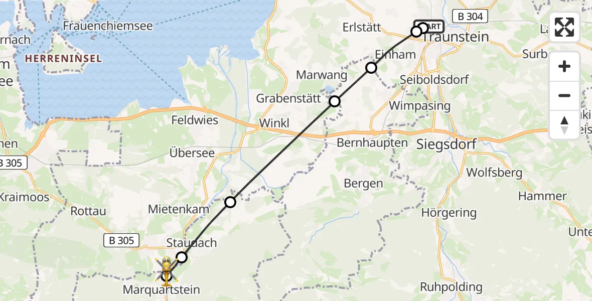 Flugroute Rettungshubschrauber Traunstein Hospital - Marquartstein, 22 Juli 2026, 10:29