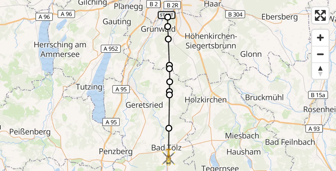 Flugroute Rettungshubschrauber ADAC Air Rescue Center Hubschrauberlandeplatz (Christoph 1) - Gaißach, 22 Juli 2026, 10:32