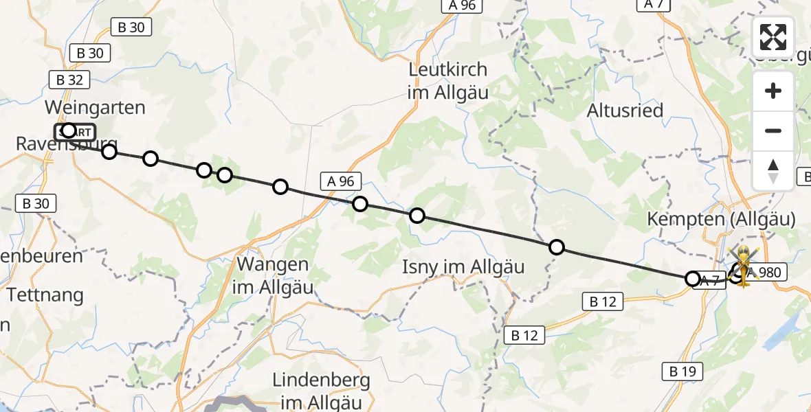Flugroute Rettungshubschrauber Sankt Elisabeth Hospital - Kempten-Durach Flugplatz, 22 Juli 2026, 10:37