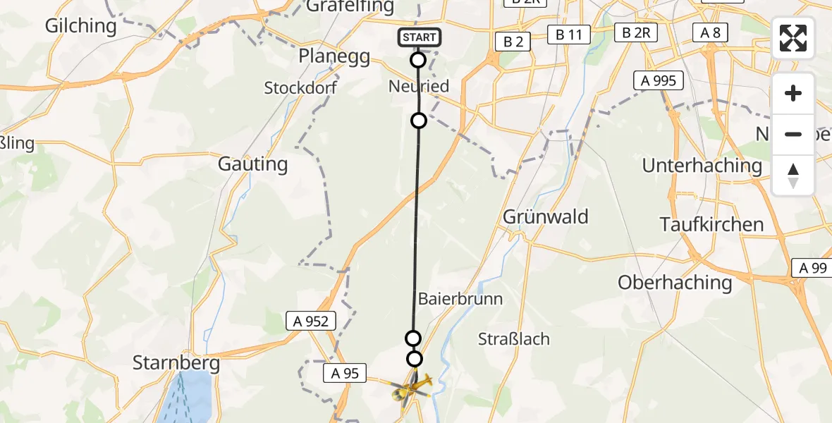 Flugroute Rettungshubschrauber DRF Air Rescue München Hubschrauberlandeplatz - Schäftlarn, 22 Juli 2026, 10:39
