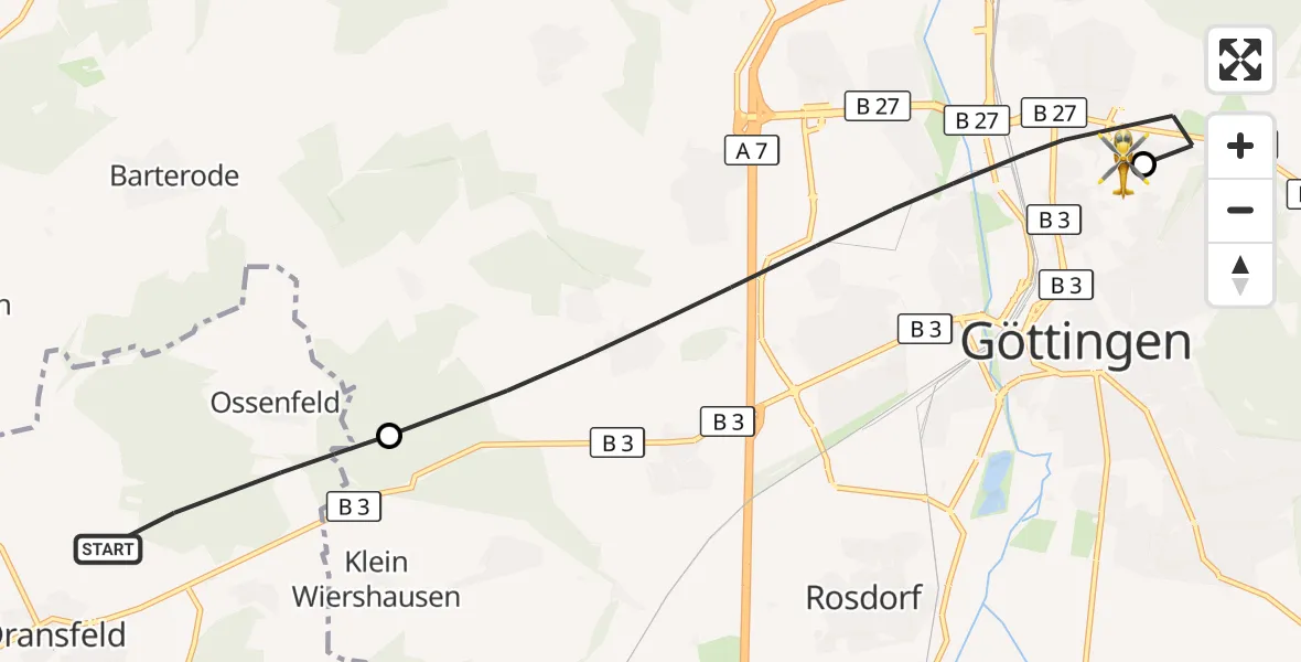 Flugroute Rettungshubschrauber Dransfeld - Göttingen University Clinic Hubschrauberlandeplatz, 22 Juli 2026, 10:47