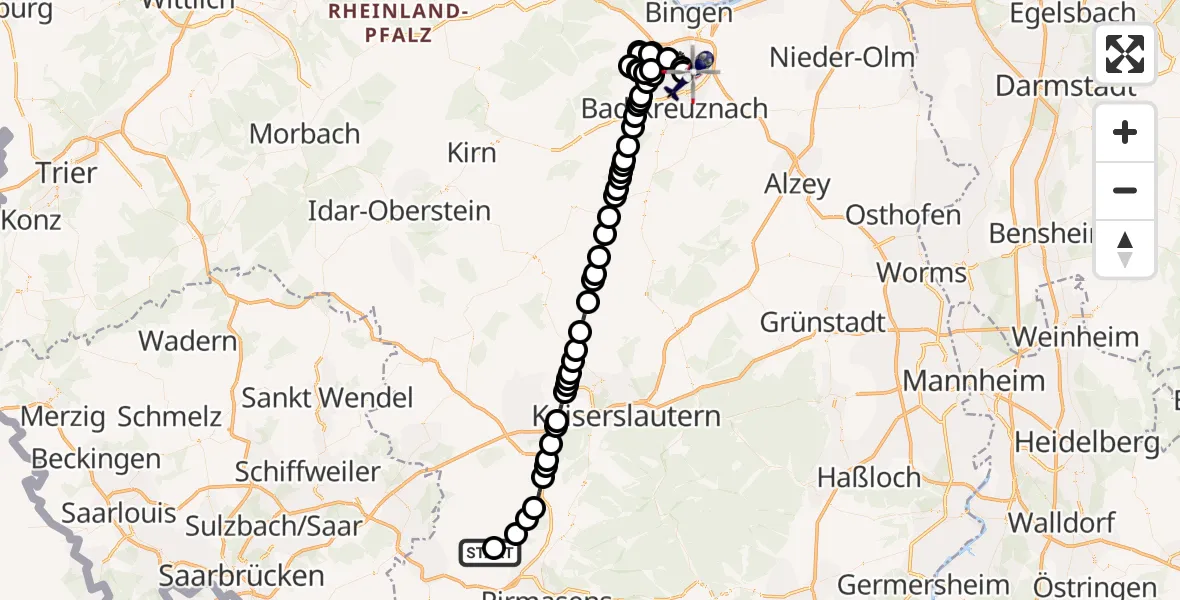 Flugroute Polizeihubschrauber Rieschweiler-Mühlbach - Bretzenheim, 22 Juli 2026, 10:47